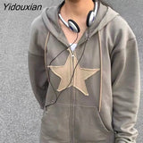 Yidouxian Star Patch Hoodies Women Harajuku Punk Gothic Loose Hooded Sweatshirt Male Hip Hop Long Sleeve Zipper Jacket Y2K Clothes