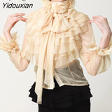 Yidouxian Perspective Tops Female Bowknot Flare Long Sleeve Ruffle Shirt Blouse Women Korean Fashion Clothes 2023 Spring