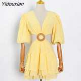 Yidouxian White Sexy Dress For Women V Neck Lantern Half Sleeve Hollow Out High Waist Mini Dresses Female Summer New Clothing