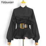 Yidouxian Elegant Patchwork Ruffle Sashes Blouse For Women Stand Collar Long Sleeve Korean Tunic Blouse Female Fashion New