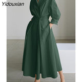 Yidouxian Ladies Autumn Slim Shirt Dress Elegant Long Sleeve Lapel Neck Maxi Dress Women Solid Color Casual Vestidos Femme Robe