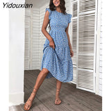 Yidouxian & NORA Beach Vestidos 2023 Summer Short Sleeve Round Neck Midi Dresses Casual Floral Printed Swing Tunic Vintage Dress