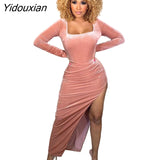 Yidouxian Velvet High Waist Slit Maxi Dress for Women Sexy Long Sleeve Bodycon Evening Party Dress Clubwear Female Vestido Autumn