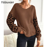 Yidouxian & NORA Women Leopard Long Sleeve Round Neck Knit Loose Sweater Casual Fashion Soild Colour Patchwork Blouse Tops Pullover