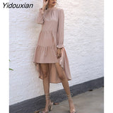 Yidouxian & NORA Women Long Sleeve Pure Colour Pleated Mini Dress Fashion Illergular Hem Ruffles Folds Dresses Casual Autumn Vestidos