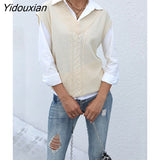 Yidouxian & NORA Women Sleeveless V Neck Soild Colour Loose Knit Sweater Vest Ladies Casual Fashion Oversize Pullover Tops White