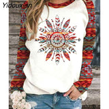 Yidouxian Autumn Winter Retro Western Ethnic Geometric Print Sweatshirt Women's Casual Round Neck Vintage Loose Street Sweatshirts