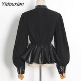 Yidouxian Black Pu Leather Blouse Ruffle High Waist Patchwork Knitted Lantern Sleeves Streetwear Blouses 2023 Fashion New