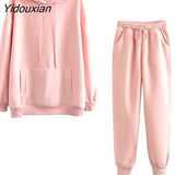 Yidouxian Piece Outfits for Women Winter 2023 Tracksuit on Fleece Oversize Long Sleeve Hoodies Sweatshirt Jogger Solid Warm Sport Suit