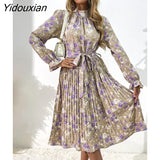 Yidouxian & NORA Women Autumn Long Sleeve Floral Printed Casual Pleated Midi Dress High Collar Slim Fit Ruffle Vestidos With Belt New