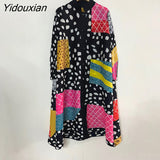 Yidouxian 2023 New Miyaki Pleated Stand Collar Single Breasted Color Block Elegant Women's Dress Loose Mid Length Cardigan