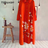 Yidouxian Wrinkle 2023 New Elegant Foreign Style Printing/hot Drill Loose Medium Length Women's Dress Cross Border Spring Hot Sale