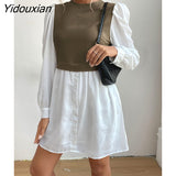 Yidouxian & NORA Women Autumn Long Sleeve Round Neck Soild Colour Patchwork Mini Dress Fashion Vestidos Ladies Office Shirt Dresses