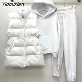 Yidouxian Solid Three Piece Set Womens Hooded Collar Sweatshirt Turtleneck Sleeve Cotton Vest High Waist Trousers Female Sets