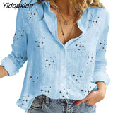 Yidouxian New Women Blouse Autumn Leisure Star Print Shirts Casual Loose Long Sleeve Cotton Linen Shirt Office Ladies Blusas Mujer