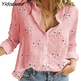 Yidouxian New Women Blouse Autumn Leisure Star Print Shirts Casual Loose Long Sleeve Cotton Linen Shirt Office Ladies Blusas Mujer