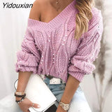 Yidouxian Winter 2023 Pearl Casual Loose Sweater Women Knitted Jumper Pullovers Fashion Long Sleeve V Neck Pull Femme Oversized