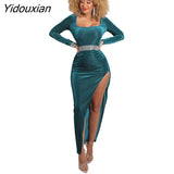 Yidouxian Velvet High Waist Slit Maxi Dress for Women Sexy Long Sleeve Bodycon Evening Party Dress Clubwear Female Vestido Autumn