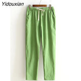 Yidouxian Summer Woman Pants Cotton Linen Elastic Waist Harem Pants Loose Casual Solid Linens Ankle Length Capris Women's Trousers