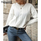 Yidouxian & NORA Women Long Sleeve Round Neck Casual Loose Knit Sweater Autumn Warm White Pullover Fashion Soild Colour Tops