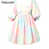 Yidouxian Sweet Women Digital Printing Square Neck Dress 2023 Lantern Short-sleeve with Open Back Puffy French Princess Dresses