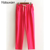 Yidouxian Summer Woman Pants Cotton Linen Elastic Waist Harem Pants Loose Casual Solid Linens Ankle Length Capris Women's Trousers