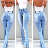 Yidouxian Women Casual Flared Jeans Fashion Sexy Skinny Split Leg Open Streetwear Fray Hole Stretch High Waist Blue Washing Denim Pants