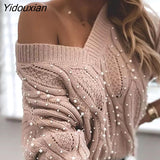 Yidouxian Winter 2023 Pearl Casual Loose Sweater Women Knitted Jumper Pullovers Fashion Long Sleeve V Neck Pull Femme Oversized