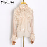 Yidouxian Perspective Tops Female Bowknot Flare Long Sleeve Ruffle Shirt Blouse Women Korean Fashion Clothes 2023 Spring