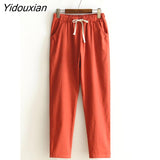 Yidouxian Summer Woman Pants Cotton Linen Elastic Waist Harem Pants Loose Casual Solid Linens Ankle Length Capris Women's Trousers