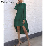 Yidouxian & NORA Women Long Sleeve Pure Colour Pleated Mini Dress Fashion Illergular Hem Ruffles Folds Dresses Casual Autumn Vestidos