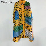 Yidouxian 2023 New Miyaki Pleated Stand Collar Single Breasted Color Block Elegant Women's Dress Loose Mid Length Cardigan