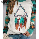 Yidouxian Autumn Winter Retro Western Ethnic Geometric Print Sweatshirt Women's Casual Round Neck Vintage Loose Street Sweatshirts