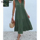 Yidouxian & NORA Casual Summer Midi Dress Women Sleeveless Tank V Neck Buttons Ruffle Loose Dresses Beach Soild Sundress Fashion