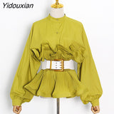 Yidouxian Elegant Patchwork Ruffle Sashes Blouse For Women Stand Collar Long Sleeve Korean Tunic Blouse Female Fashion New