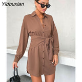 Yidouxian & NORA Women Vintage Long Sleeve Soild Colour Mini Dress With Belt Elegant Ladies Buttons Fashion Dresses Autumn Vestidos