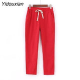 Yidouxian Summer Woman Pants Cotton Linen Elastic Waist Harem Pants Loose Casual Solid Linens Ankle Length Capris Women's Trousers