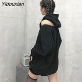 Yidouxian Streetwear Off Shoulder Sweatshirt For Women Hooded Collar Long Sleeve Casual Black Sweatshirts Female Fashion New