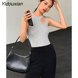 Yidouxian Cut Out Skinny T Shirt For Women Round Neck Sleeveless Solid Slim Minimalist T Shirts Female Clothes Style New 2023
