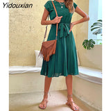 Yidouxian & NORA Elegant Women Summer Casual Beach Sundress Short Sleeve Pleated Midi Dress Soild Colour O Neck Tunic Dresses Fashion