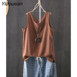 Yidouxian Women's Tank Top Cotton Line Solid Color  Loose Vest Shirt Sleeveless Female V Neck Basic Woman Summer Tanks Camis