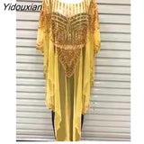 Yidouxian 2023 New African Women's Fashion Gown Chiffon Batwing Sleeve Sequins And Fringes Loose, Versatile Dress With Free Size