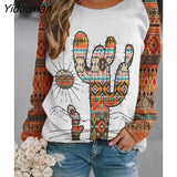 Yidouxian Autumn Winter Retro Western Ethnic Geometric Print Sweatshirt Women's Casual Round Neck Vintage Loose Street Sweatshirts