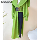 Yidouxian Green Shirt For Women Lapel Long Sleeve Asymmetrical Hem Button Through Blouse Female Fashion Clothing Style New