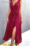 Yidouxian Women Elegant V Neck Long Split Dress 2023 Summer Sleeveless Maxi Beach Dresses Ladies Lace-up Party Dress Vestidos De Verano
