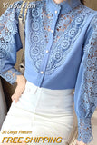Yidouxian Lace Shirts For Women New Korean Hollow Out White Blouse Tops Female Stand Collar Long Sleeve Blouses Women Casual 12948