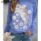 Yidouxian and Autumn Women T Shirt Cute Cat Kitten Print Long Sleeve Ladies Graphic TShirt Casual O-Neck Cartoon Female Tee Tops