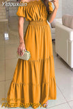 Yidouxian Women Solid Elegant Boho Dress Summer Sexy Slash Neck Off Shoulder Long Dresses Female Casual High Waist Pleated Maxi Dresses