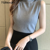 Yidouxian Women Solid Sleeveless Basic Fashion Femme Elegant All-match Korean Style Ladies Tops Half High Collor Student Casual Soft