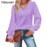Yidouxian Autumn Winter Hollow Style Women's Top Casual Pleated Long Sleeved V-Neck T-Shirt Pullover Fashion New Design Shirt